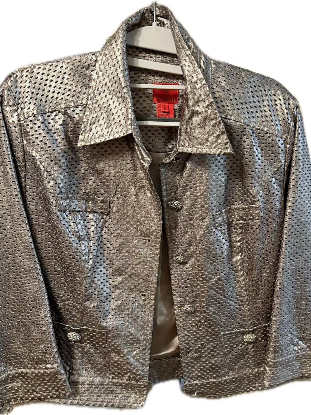 Christina Metallic Perforated Silver Shirt Jacket 80s Disco Queen Punk